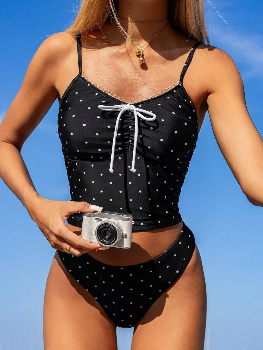SHEIN Swim Mod Women's Lace Polka Dot Twist Camisole Tankini And Triangle Panty Tankini Set, Suitable For Outings, Beach, Afternoon Tea Picnic, Party - Black and White - View 1
