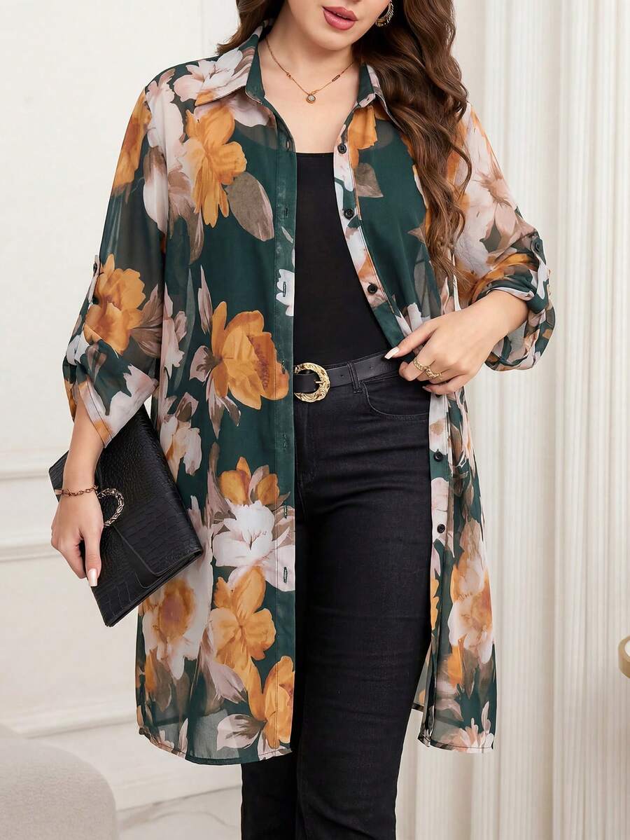 Reflora 大码女式印花单排扣休闲百搭日常衬衫