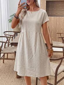 Faunlyn Women's Summer Round Neck Striped Casual Dress - Apricot - View 4