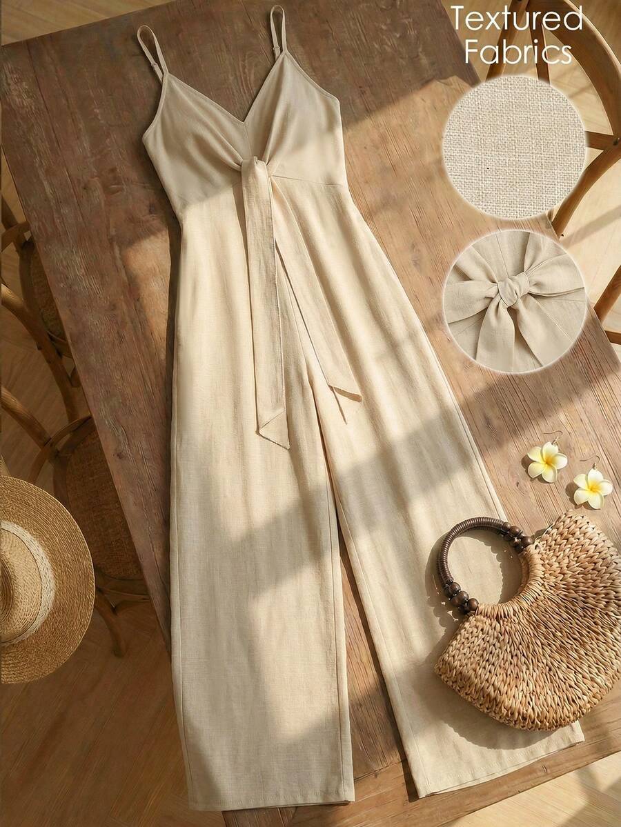 Louniche Bộ jumpsuit dài màu kaki cho nữ, dây mảnh, buộc dây, ống rộng, thích hợp cho kỳ nghỉ, màu trơn, thiết kế nơ. - Màu Khaki - Xem 1