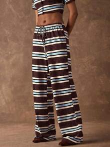 SHEIN Tall CURVE 大码条纹抽绳直筒宽松休闲百搭裤 - 棕色 - 查看 3