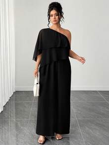 Elenzga Mono de mujer talla grande con hombros descubiertos y bajo asimétrico, de gasa de color liso, elegancia de alta gama, corte holgado, atuendo de verano para mujer, invitada de boda - Negro - Ver 7
