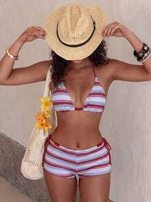 Swim Mod 性感条纹印花挂脖系带比基尼套装，女士春夏泳装 - 彩色 - 查看 1