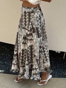 Livesso 女士全印花休闲百搭约会/旅行迷你裙 - 棕色 - 查看 2