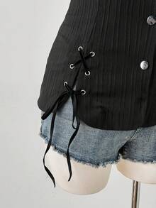 Sunspun Plus Size Casual Whimsical Turndown Collar Cinched Waist Shirt With Eyelets Date Night Black Summer - Black - View 4
