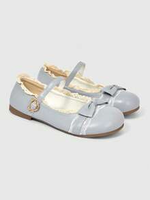 ROMWE Kawaii Giày lười da màu nâu, kiểu Mary Jane, có nơ, dành cho nữ, thích hợp làm quà Giáng sinh. - Màu xám hai lớp nơ bướm - Xem 4