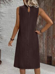EMERY ROSE Casual Solid Color Round Neck A-Line Summer Dress, Women Summer Dress - Chocolate Brown - View 5