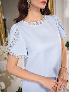 Modelyn Women's Faux Pearl & Sequin Decor Round Neck Peplum Short Sleeve Elegant Mini Dress - Blue - View 8