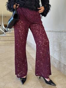 Hitanina Pantalon de costume minimaliste pour femmes, couleur unie avec empiècement en dentelle, pour un port quotidien - Rouge foncé - Voir 3