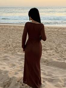 AfricaSnchz 秋冬圣诞节婚礼鸡尾酒会正式礼服 1 件女式纯色针织 V 领长袖鱼尾连衣裙，适合度假 - 棕色 - 查看 2