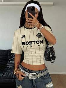 Coolane Women's Round Neck Short Sleeve Striped Fitted Cropped Fashionable T-Shirt, Summer - Multicolor - View 3