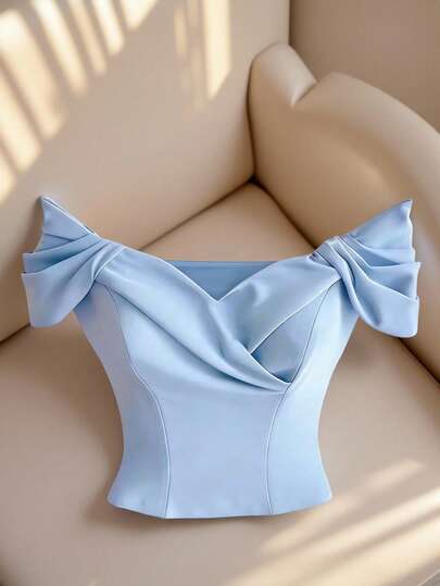 Endroma Elegant French Style Blue Cropped Top With Pleated Design, Waist Cinching, Slimming, Fashionable & Refined, Women's Summer Blouse Baby Blue Top Women Baby Blue Tops Dress Top Light Blue Top Sweetheart Neckline Tops Draped Top Women's Corset Off Shoulder Top Blue Corset