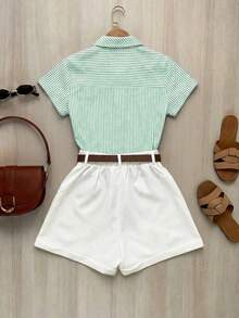 Franclia Contrast Color Block Striped Lapel Waist Pleated Women 2 Pieces Set With Short Sleeves - Green - View 2