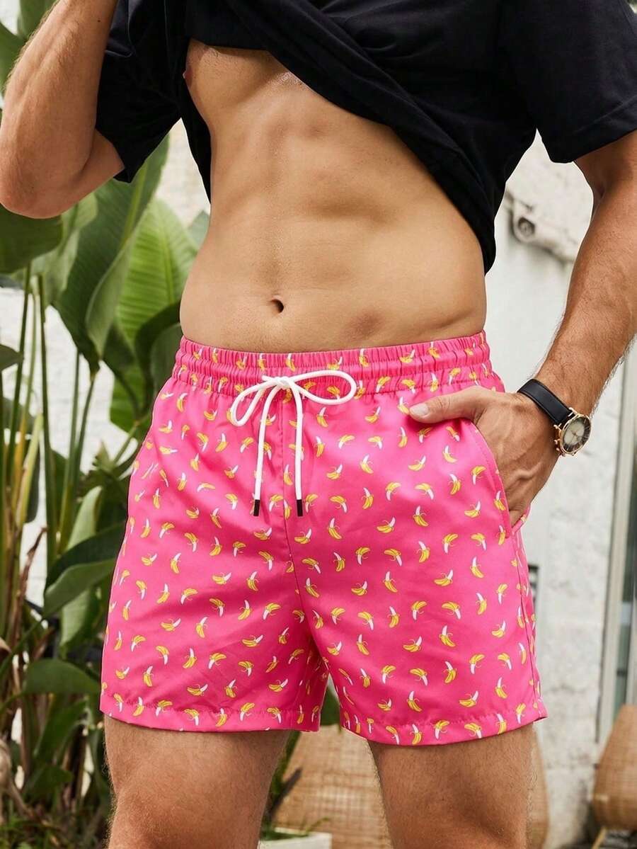 Manfinity Swimmode Men's Banana Print Drawstring Waist Beach Shorts, Summer Vacation - Pink - View 1