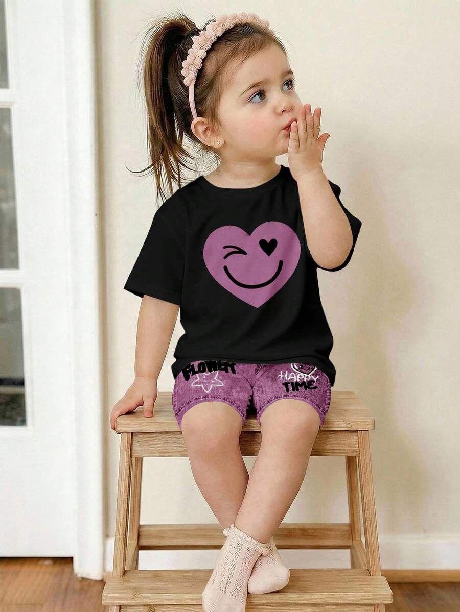2pcs/Set Baby Girl Casual Loose Heart & Face Graffiti Print Round Neck Short Sleeve T-Shirt And Bike Shorts, Suitable For Spring/Summer Daily Wear, Outings, Holidays - Multicolor - View 1