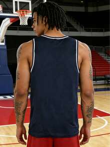 Gym Rark Men's Contrast Trim Letter Print Round Neck Sports Tank Top, Summer, Gym - Navy Blue - View 2