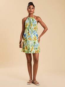 SHEIN TRVLCHIC 女士度假风雪纺印花露肩宽松短裙 - 彩色 - 查看 3