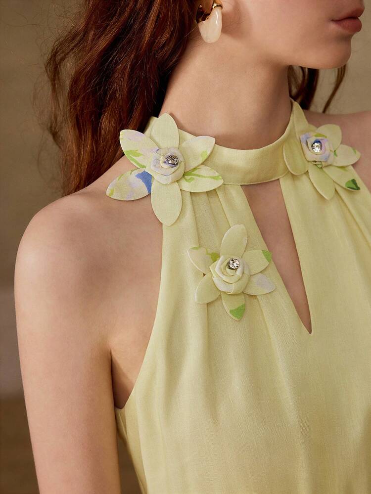 WOMEN'S RHINESTONE APPLIQUES EMBELLISHED HALTER NECK FLORAL DRESS