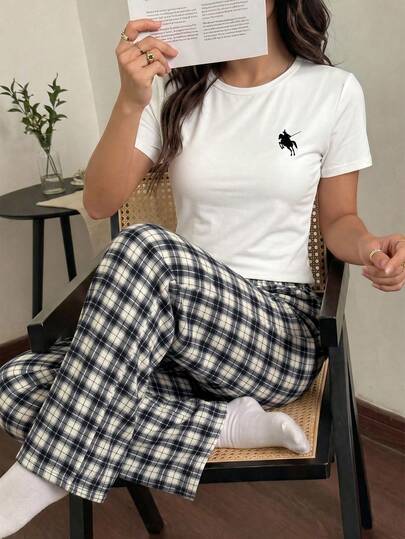 2-Piece Girls Kids Round Neck Short Sleeve Top And Long Pants Summer White Top Featuring A Black Horse Graphic Print Paired With Black And White Plaid Pattern Bottom Pajamas Sleepwear Loungewear Set Made From Soft Woven Bubble Crepe Fabric For A Comfy Cozy Casual Fit Modern Chic Stylish Homewear Designed For Daily Relaxation