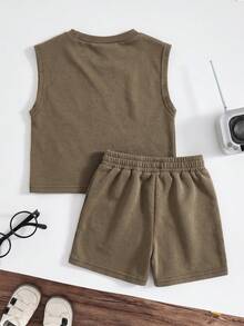 SHEIN Playful Pals Baby Boys 2-Piece Denim Set,Brown Gingham,Summer,Casual,Independence Day Fashion Style,Elastic Waistband Shorts With Print,Soft Knit Denim Outfits - Brown - View 3