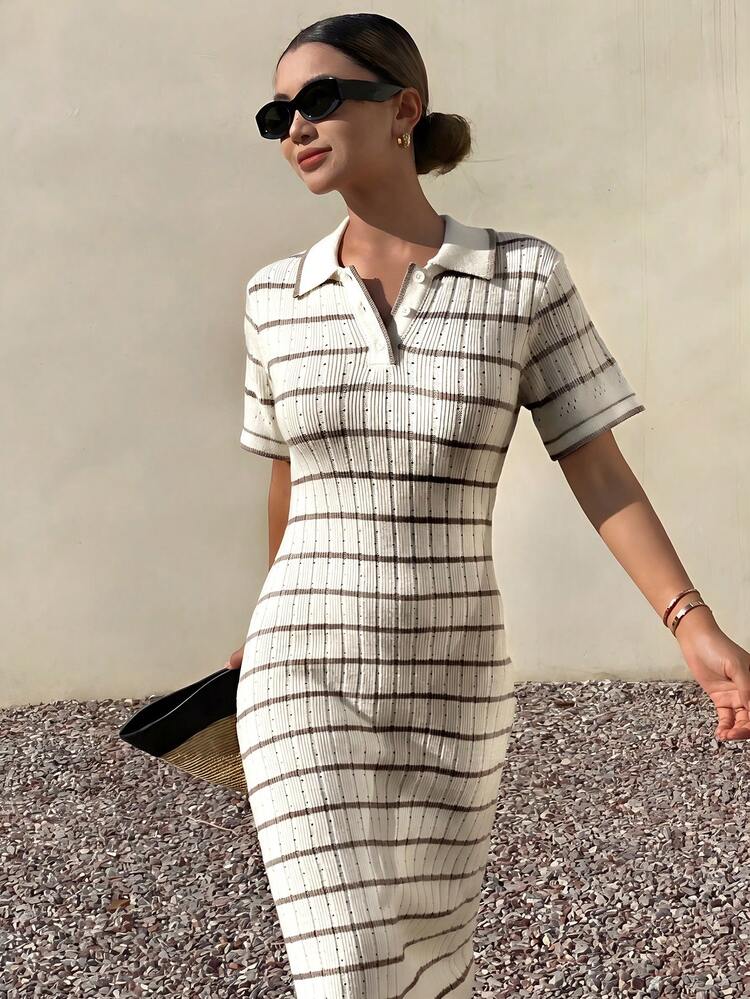 Women's Elegant Turndown Collar Colorblock Striped Knit Dress, Summer