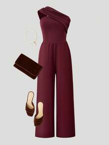 Bộ jumpsuit dệt kim trễ vai kiểu Pháp thanh lịch dành cho nữ tuổi teen, phù hợp cho các bữa tiệc và dịp trang trọng, váy ngắn. - Màu Đỏ Sâu - Xem 4