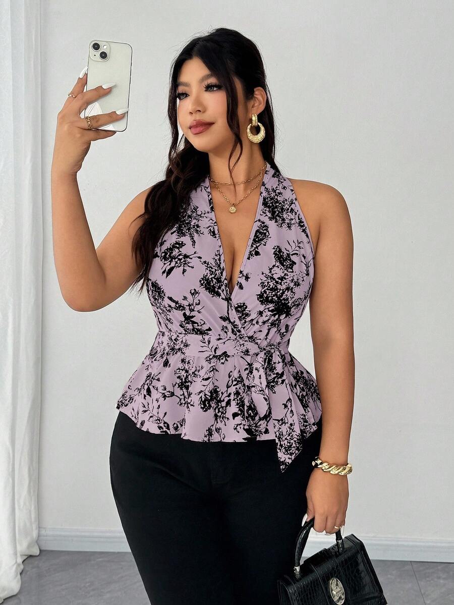 Elenzga 2025 New Plus Size Women's Elegant V-Neck Ruffle Hem Tie Waist Off Shoulder Fashionable Design Versatile Spring/Summer Casual Blouse - Multicolor - View 1