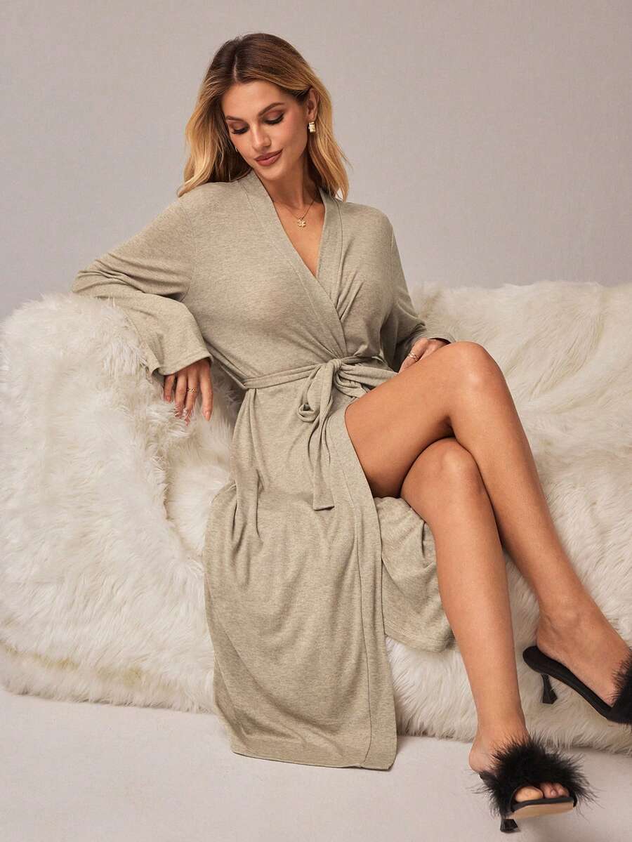 SHEIN 女士纯色V领褶皱休闲家居服睡袍 - 杏色 - 查看 1