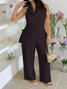 GalTyme Setelan 2 Potong Wanita Ukuran Besar Warna Cokelat Tua: Atasan Halter & Celana Panjang - Chocolate Brown - View 7