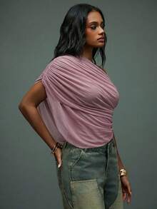 Hauture Blusa asimétrica de un hombro con drapeado y pliegues, estilo boho sexy y casual para otoño - Rosa - Ver 5