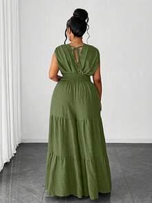 Maweii Bộ jumpsuit nữ cỡ lớn thanh lịch, chất liệu giả denim, thiết kế xếp ly chéo eo có dây rút, nơ sau lưng, viền bèo nhiều lớp, kiểu dáng đa năng, phù hợp cho tiệc tùng, hẹn hò, kỳ nghỉ, đi biển, lễ hội âm nhạc, thời trang. - màu xanh lá - Xem 2