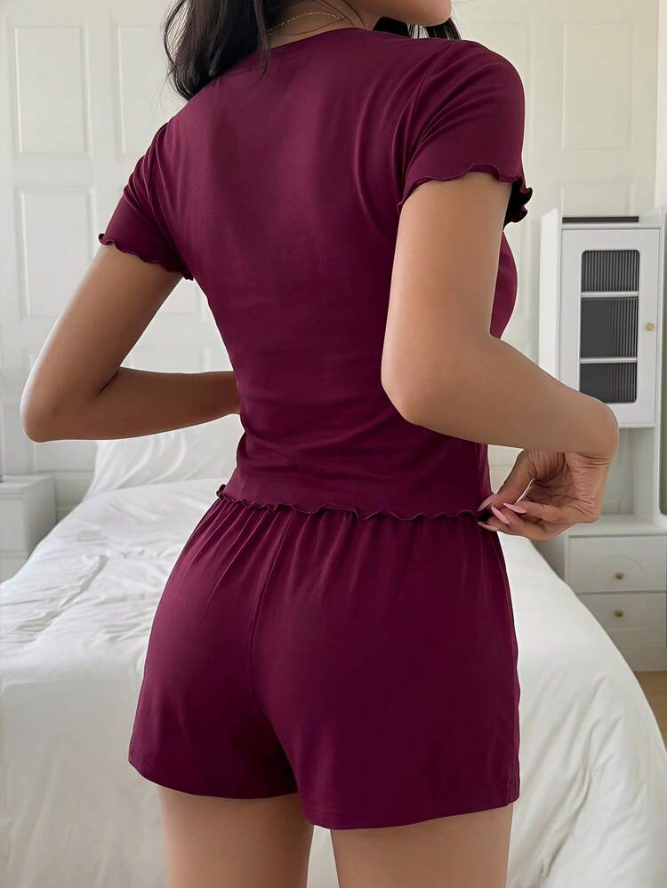 2pcs/Set Women Matching Short Sleeve T-Shirt And Loose Shorts Pajama Set, Solid Color Summer Sleepwear