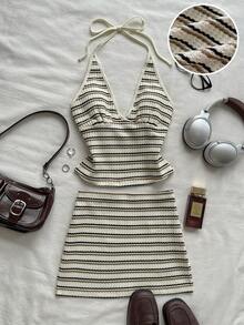 Attitoon Women's Summer Casual Striped Backless Halter Top And Mini Skirt 2 Pieces Set - Khaki - View 5