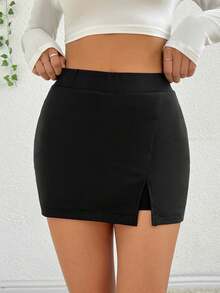 SHEIN EZwear Falda minimalista de verano de corte ajustado y abertura en el bajo, versátil para mujeres - Negro - Ver 7
