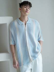 DAZY Áo sơ mi nam tay ngắn dệt kim phối màu, cổ ve lật và hàng cúc phía trước, thích hợp cho mùa hè, mùa thu và đi nghỉ mát. - Xanh và trắng - Xem 9