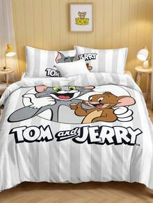 TOM & JERRY X SHEIN 3Pc Gray Striped Full Print Pattern Quilt Cover Set (1 Quilt Cover + 2 Pillowcases Without Core), Mouse And Cat Pattern, Microfiber Material, Soft And Warm, Multiple Sizes, Suitable For Single Bed/Double Bed/Queen Bed/King Bed, Retro Bedding, Cute Decoration - Light Grey - View 4