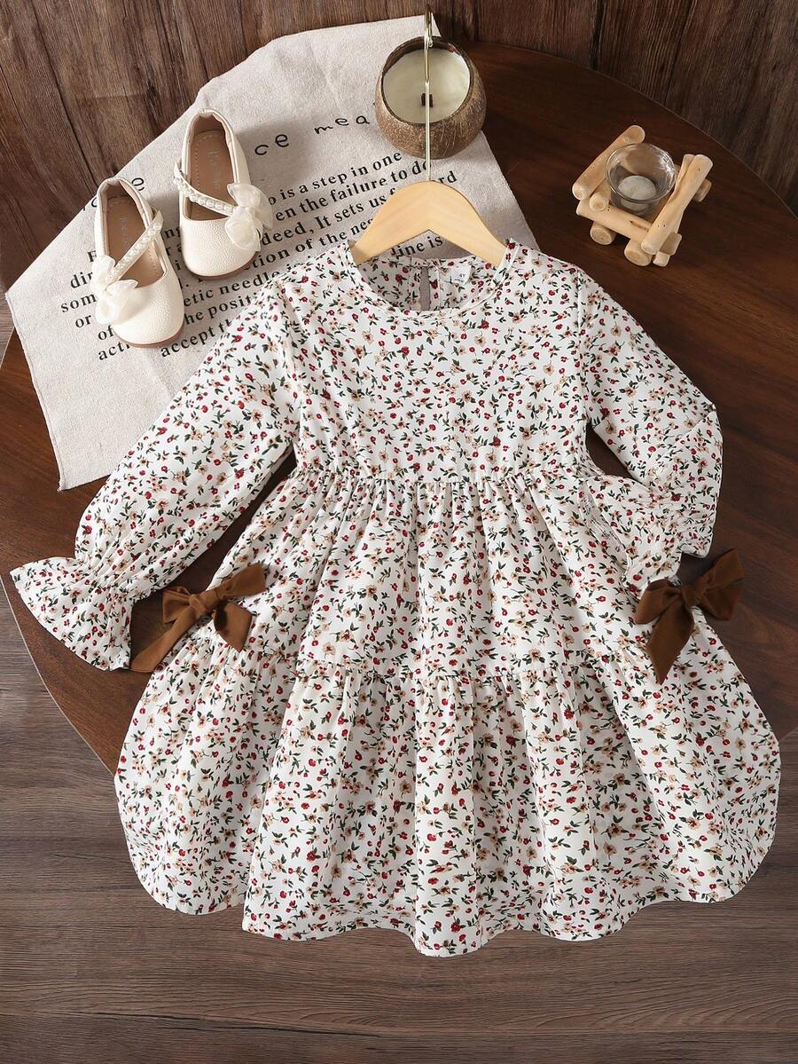 Emery Rose Kids Emery Rose Kids 女童连衣裙，碎花圆领泡泡袖修身休闲A字裙，秋冬新款，适合女童、母女和姐妹穿着。返校季 - 彩色 - 查看 1