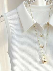 Franclia White Knit Ribbed Sleeveless Vest For Women,Summer Elegant And Classy Collared Top With Pearl Metal Buckle,School Back-To-School Professional Attire - White - View 5