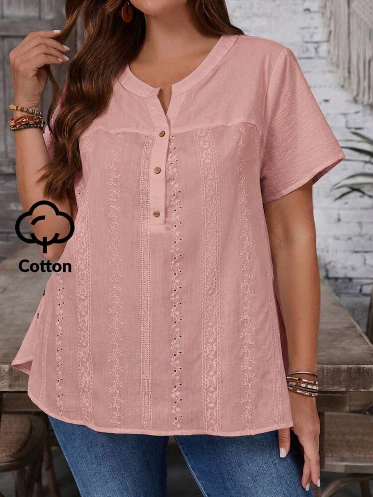 Plus Size Women Casual Commuting Mesh Embroidered Short Sleeve Blouse