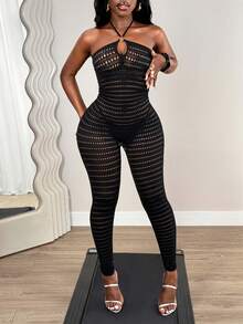 BamGleam Women's Sexy Hollow Out Mesh Sleeveless Strapless Backless Jumpsuit - Black - View 4