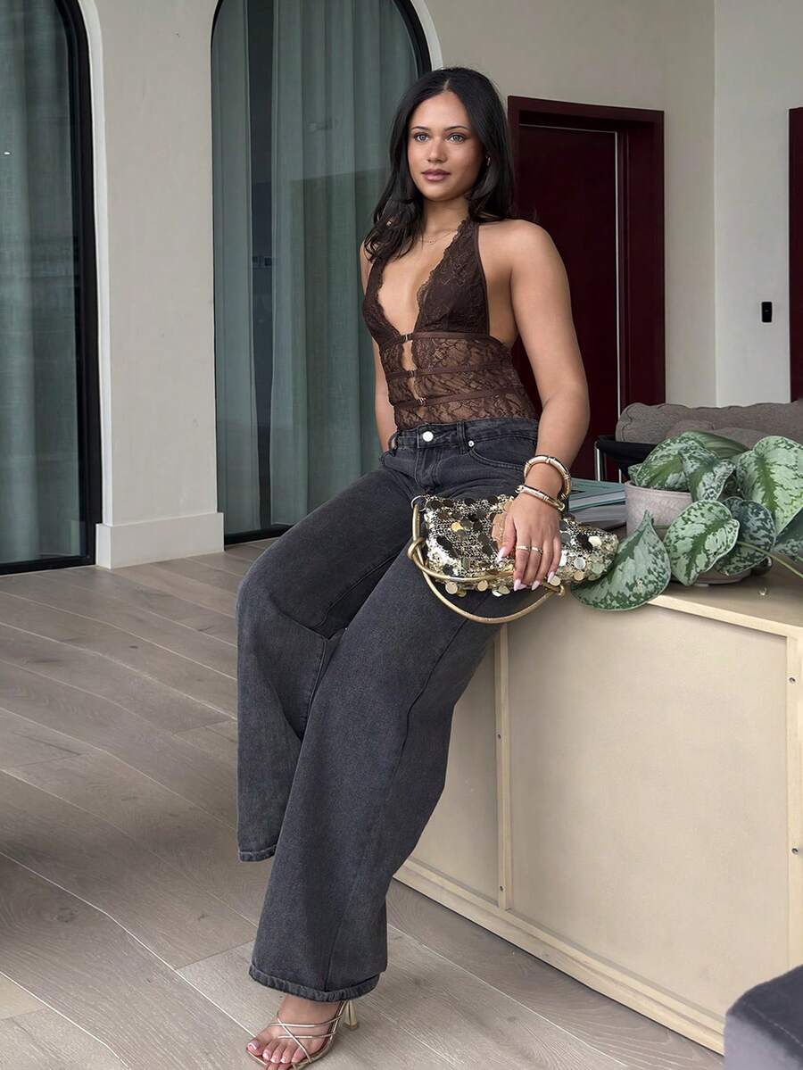 leahseptember Women's Deep V-Neck Lace Slit Design Sexy Fashion Halter Bodysuit - Coffee Brown - View 1