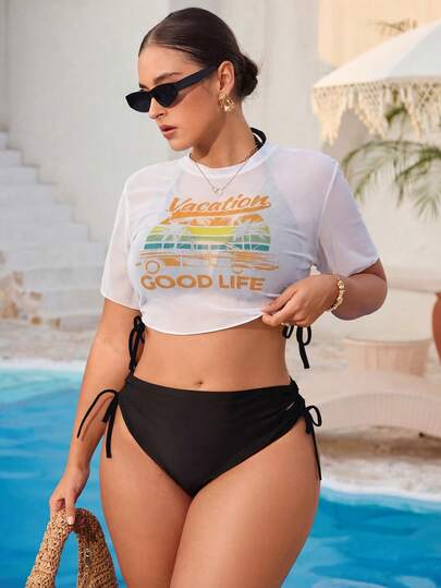 Swim Vcay Bộ đồ bơi bikini 3 món cỡ lớn in họa tiết cây nhiệt đới dành cho nữ, thích hợp cho kỳ nghỉ biển và thời trang thường ngày.