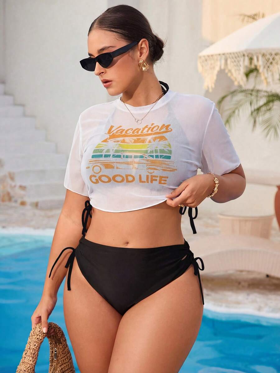 Swim Vcay 加大码三件套热带植物印花罩衫套装,含女士吊带背心和比基尼泳装,适合海滩度假休闲穿着 - 白色 - 查看 1