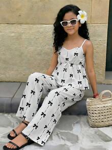 2pcs Girls Plus Size Summer Sets, Quishy Bow Camisole Top And Loose Wide Leg Pants Outfit, Casual Holiday Clothes - Multicolor - View 10