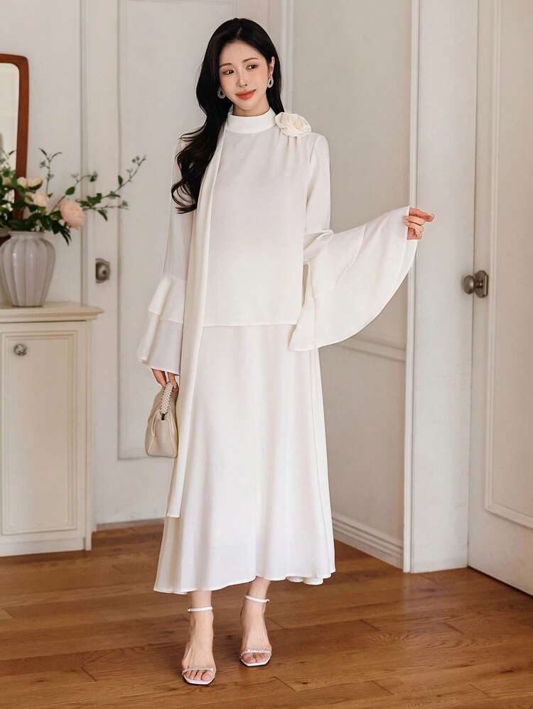 Women's Solid Color 3D Floral Decor Flare Sleeve Shirt And A-Line Skirt Elegant 2-Piece Set