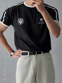 DAZY 男士字母印花拼接撞色领黑色T恤，夏季款 - 黑色 - 查看 4
