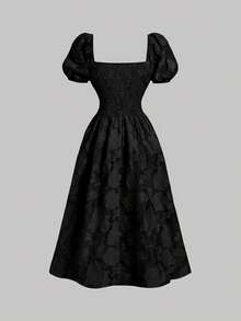 Skyraze Apricot Cutout Textured Petal Sleeve Square Neck Mid-Length Dress,Dresses For Women Summer - Black - View 4