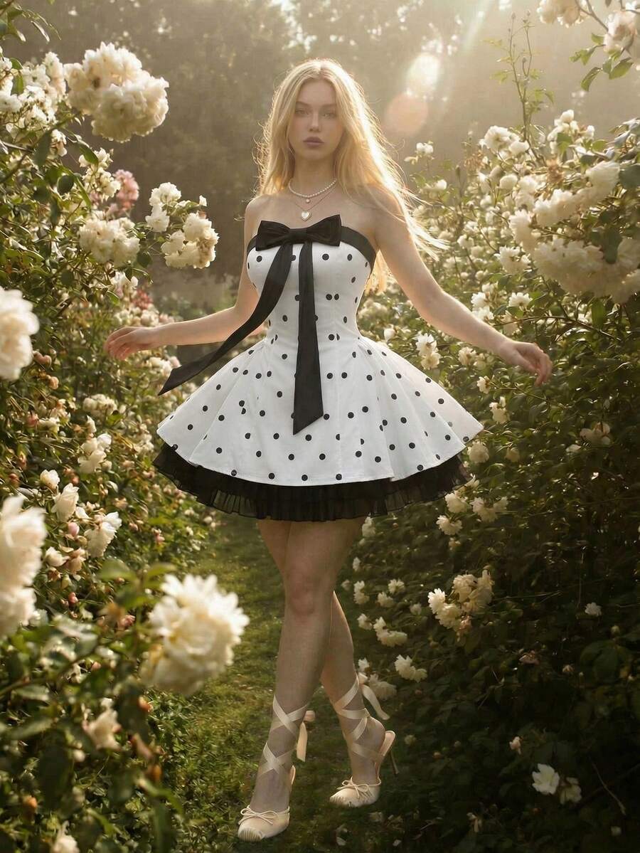 Sweetina 优雅派对波点印花喇叭下摆无肩带蓬蓬裙 - 黑與白 - 查看 1