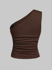 SHEIN Girlism Teen Girl Solid Color Ruched Casual Asymmetric Neck Camisole - Brown - View 2