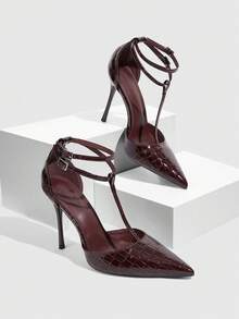 CUCCOO SZL Women's Casual Fashionable Simple Ankle Strap Pointed Toe High Heels, Summer - 19-62 Burgundy - View 1